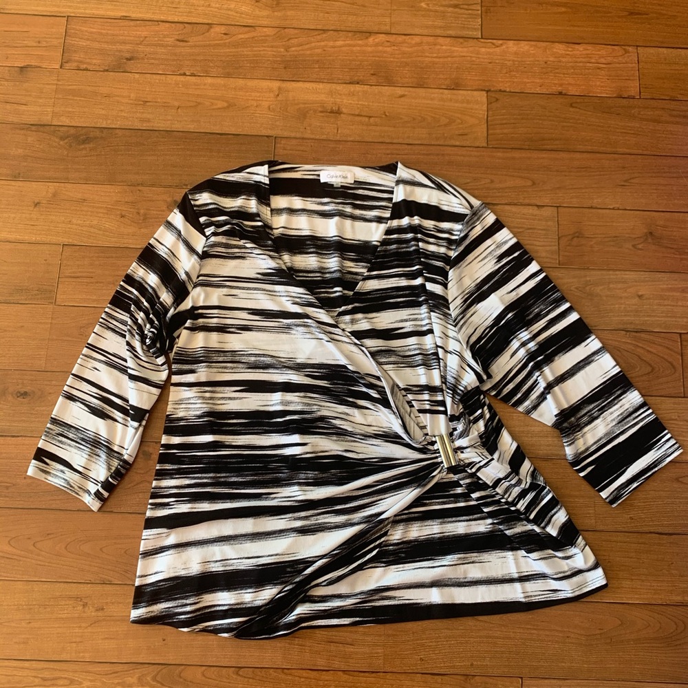Calvin Klein Black and White Plus Wrap Blouse